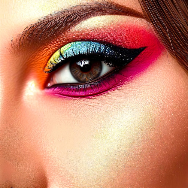 A woman with a rainbow colored eye makeup and a colorful eye