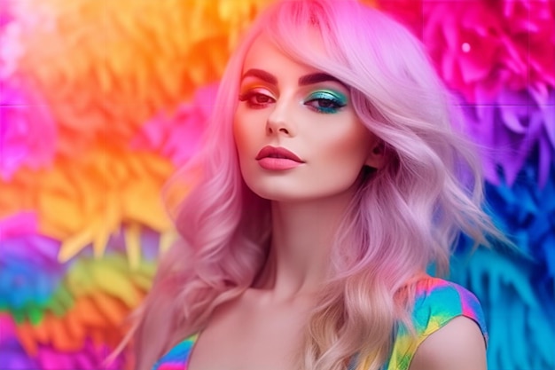 A woman with a rainbow colored hair and a rainbow colored eye shadow