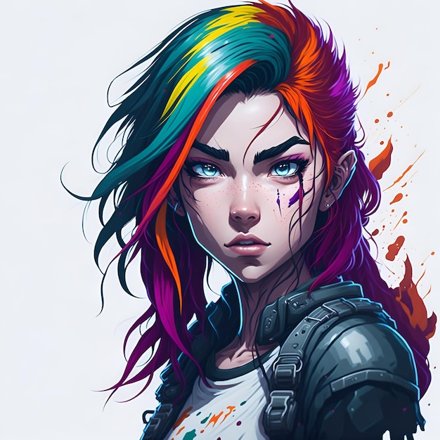 Premium AI Image | A woman with a rainbow colored hair and a white ...