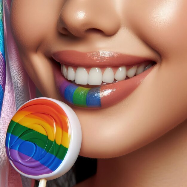 Photo a woman with rainbow colored teeth is holding a rainbow lollipop