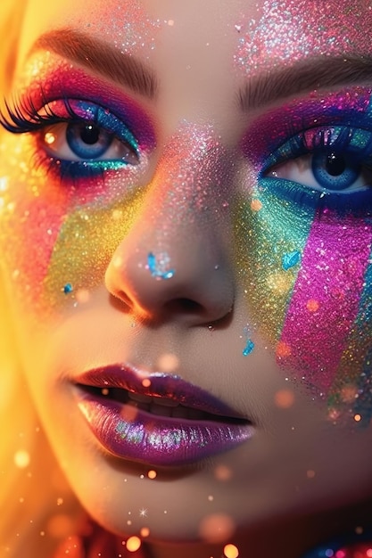 A woman with a rainbow face paint and glitter on her face