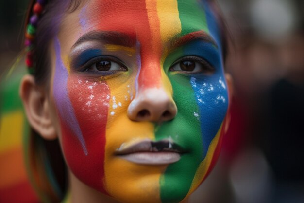 A woman with a rainbow face paint on her face