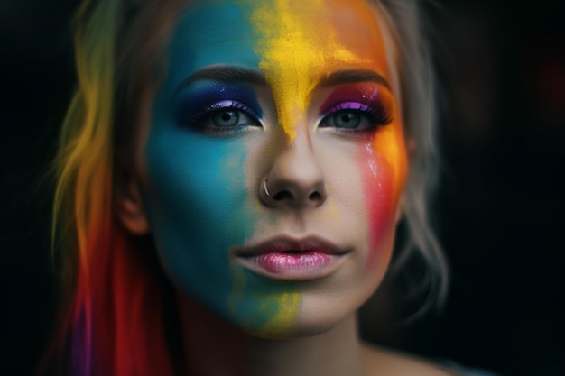 A woman with a rainbow face paint on her face