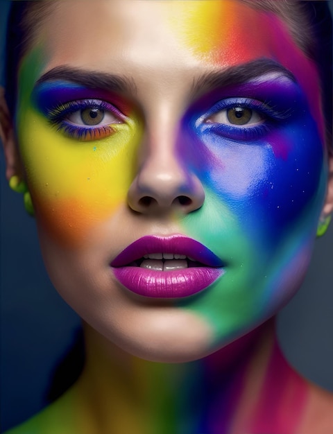 A woman with a rainbow face paint on her face