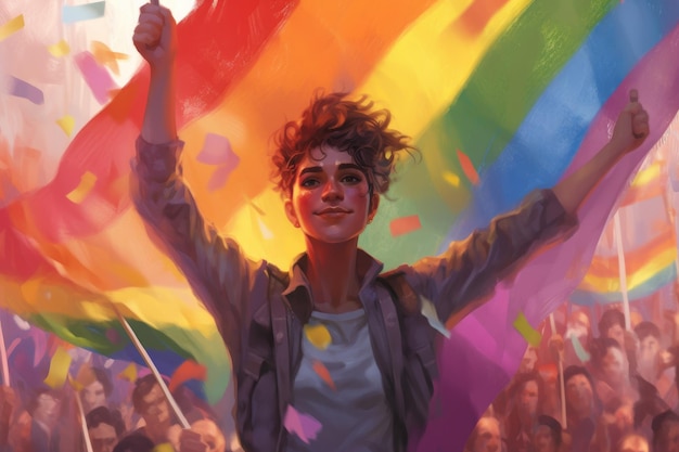 A woman with a rainbow flag in her hand