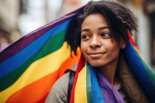 A woman with a rainbow flag on her shoulder