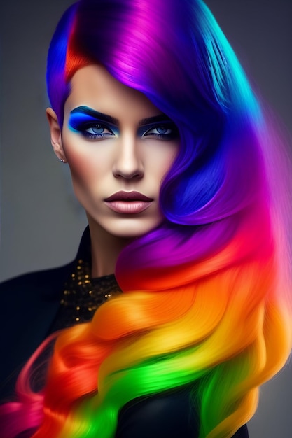 A woman with a rainbow hair color.