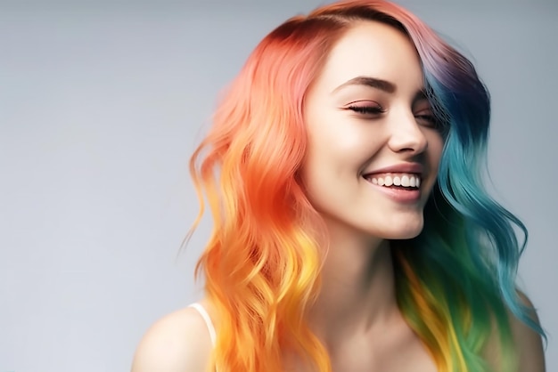 A woman with a rainbow hair color