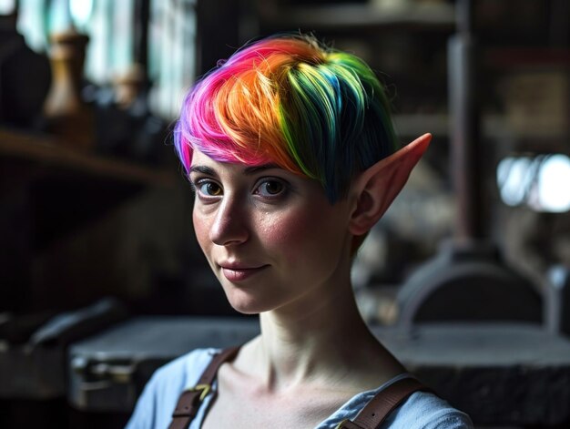 Foto una donna con i capelli arcobaleno e le orecchie da elfo