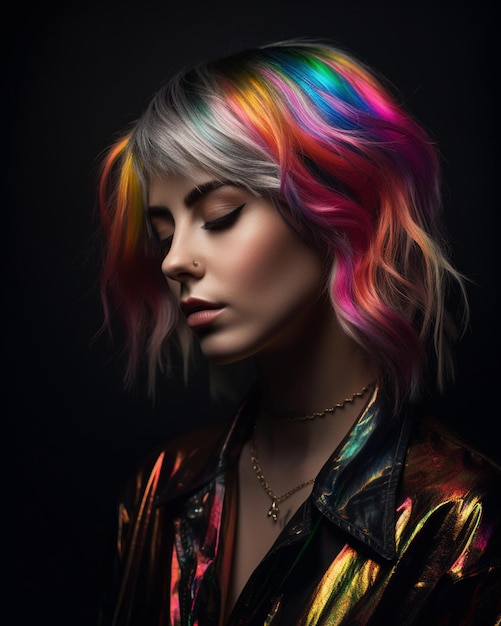 A woman with a rainbow hair on her head