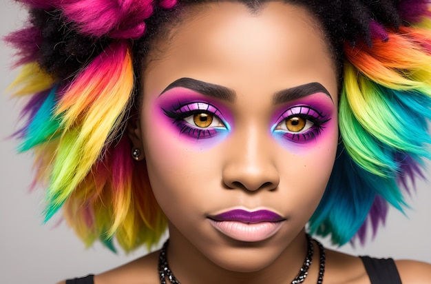 A woman with rainbow hair looks into the camera