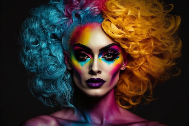 A woman with a rainbow hair style on her face