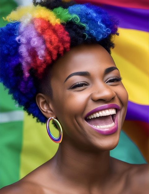 A woman with a rainbow hair style smiles at the camera.