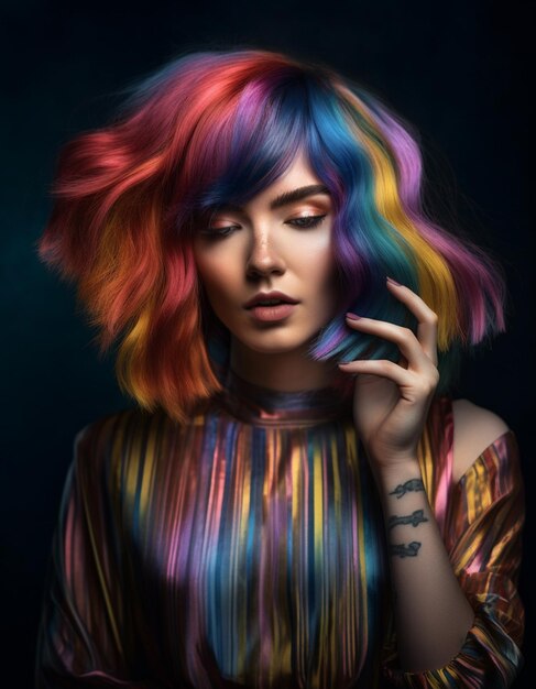 A woman with a rainbow hair style