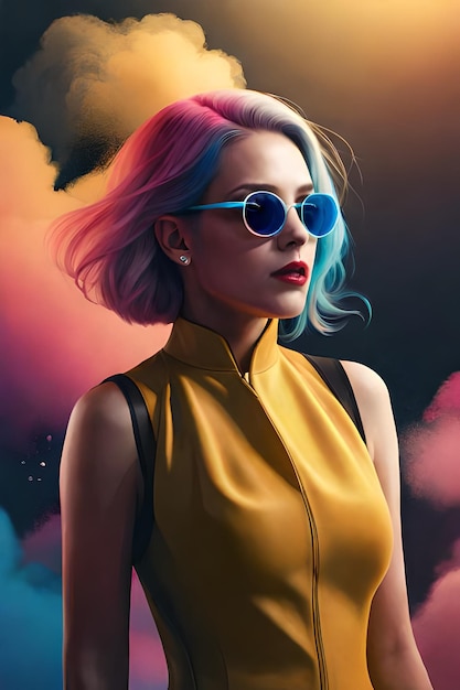 A woman with rainbow hair and sunglasses