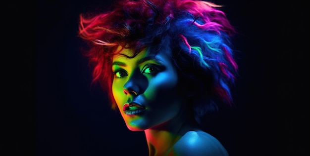 A woman with a rainbow haircut is illuminated by a black background.