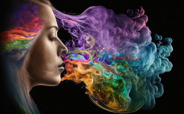 A woman with a rainbow smoke on her face