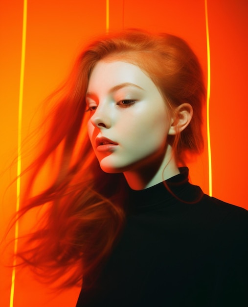 A woman in with a red background and orange hair