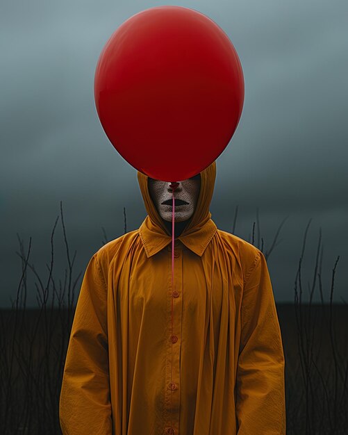 Photo a woman with a red balloon in her head and a black background