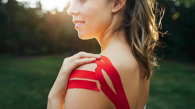 a woman with a red bandage on her shoulder