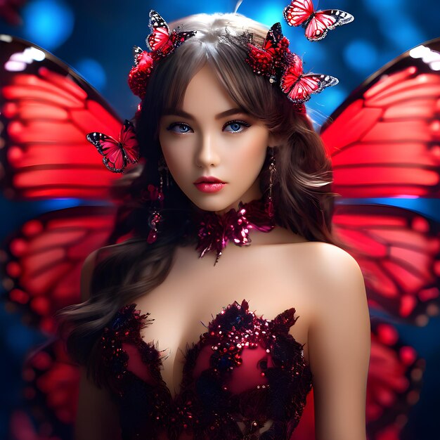 a woman with a red and black butterfly wings is wearing a red and black dress