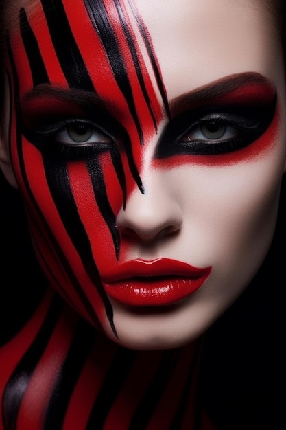 A woman with a red and black face paint and black stripes.