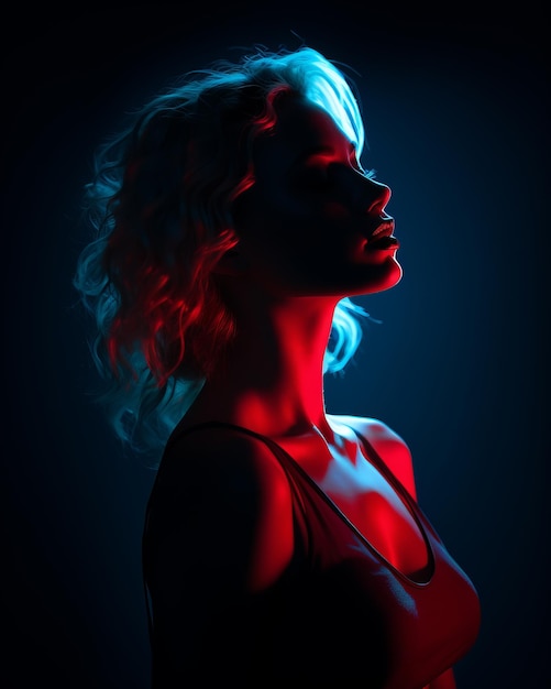 a woman with red and blue lights on her face