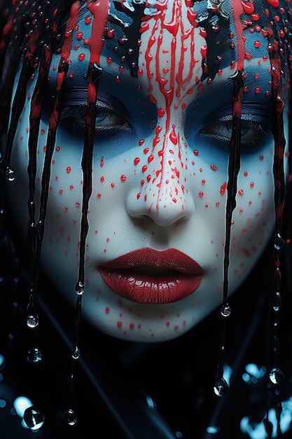 a woman with red and blue makeup and dripping blood on her face