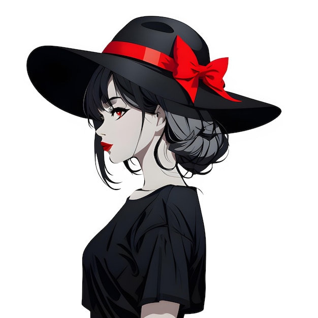 a woman with a red bow on her hat is wearing a black hat