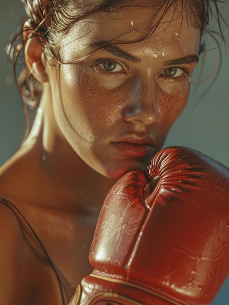 A woman with a red boxing glove on her left hand