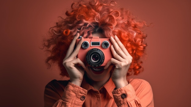 Photo a woman with a red camera