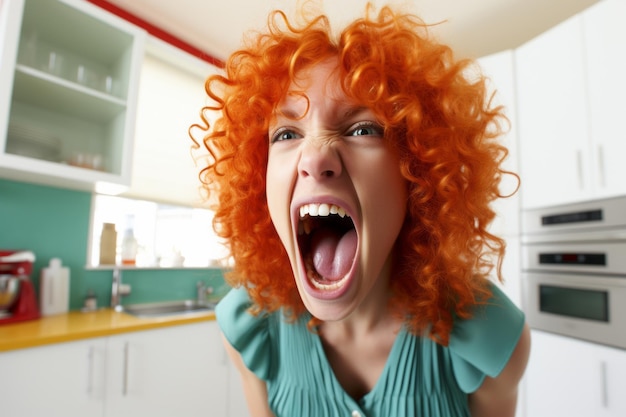 Foto una donna con i capelli ricci rossi che urla in cucina