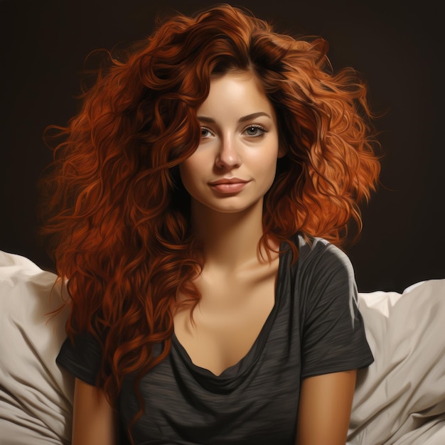 Photo a woman with red curly hair sitting on a bed