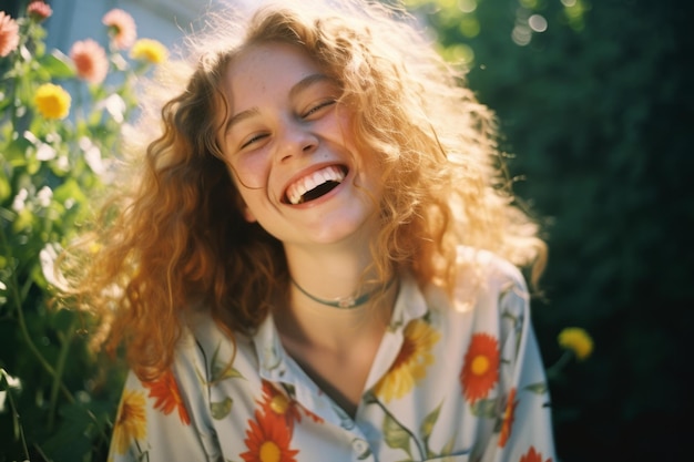 a woman with red curly hair smiling in the sun