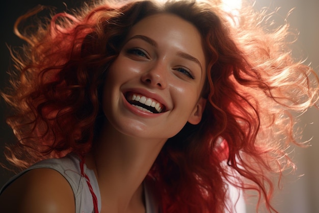 a woman with red curly hair smiling