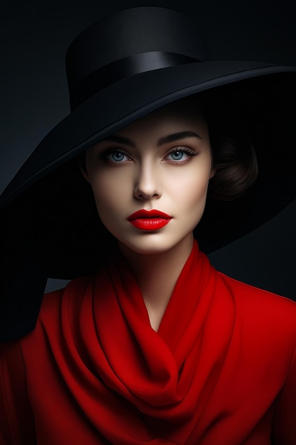 Woman with red dress and black hat on Generative AI