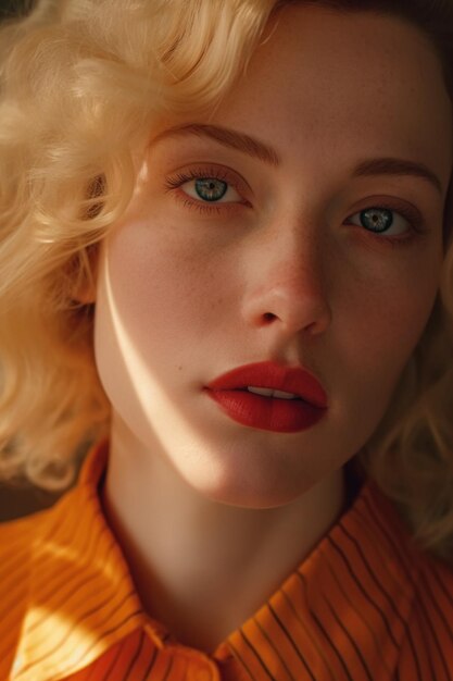 A woman with a red dress and a bright orange shirt