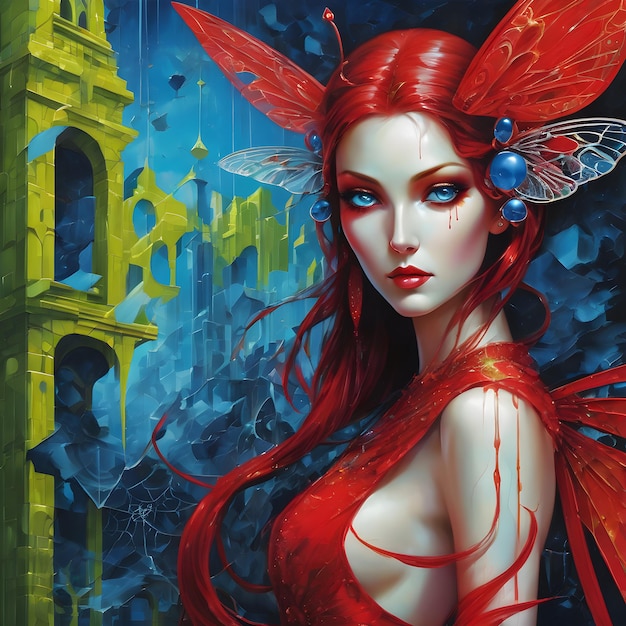 женщина в красном платье и дракон на голове