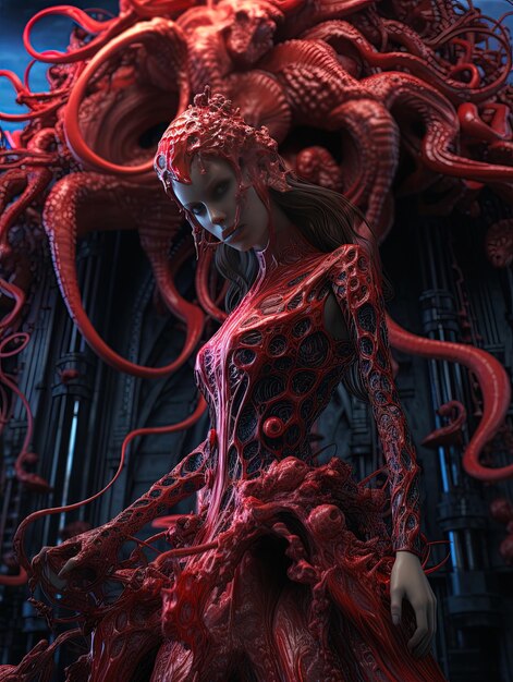 Photo a woman with a red dress and a large octopus on her head