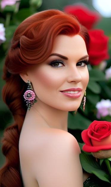 Photo a woman with a red dress and a red dress with a flower in the background