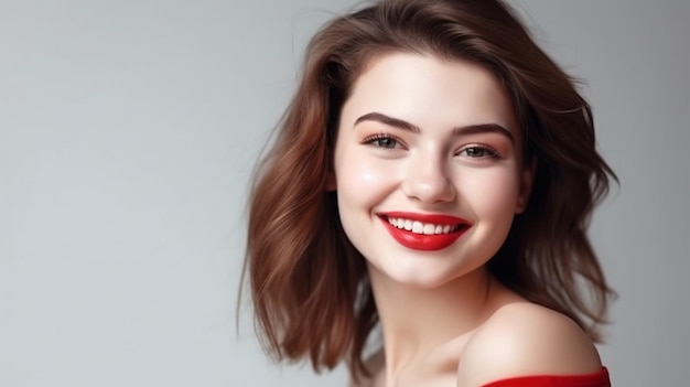 A woman with a red dress and a red lip