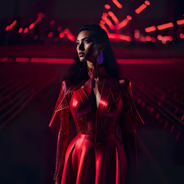 Woman with red dress in the surreal scenario