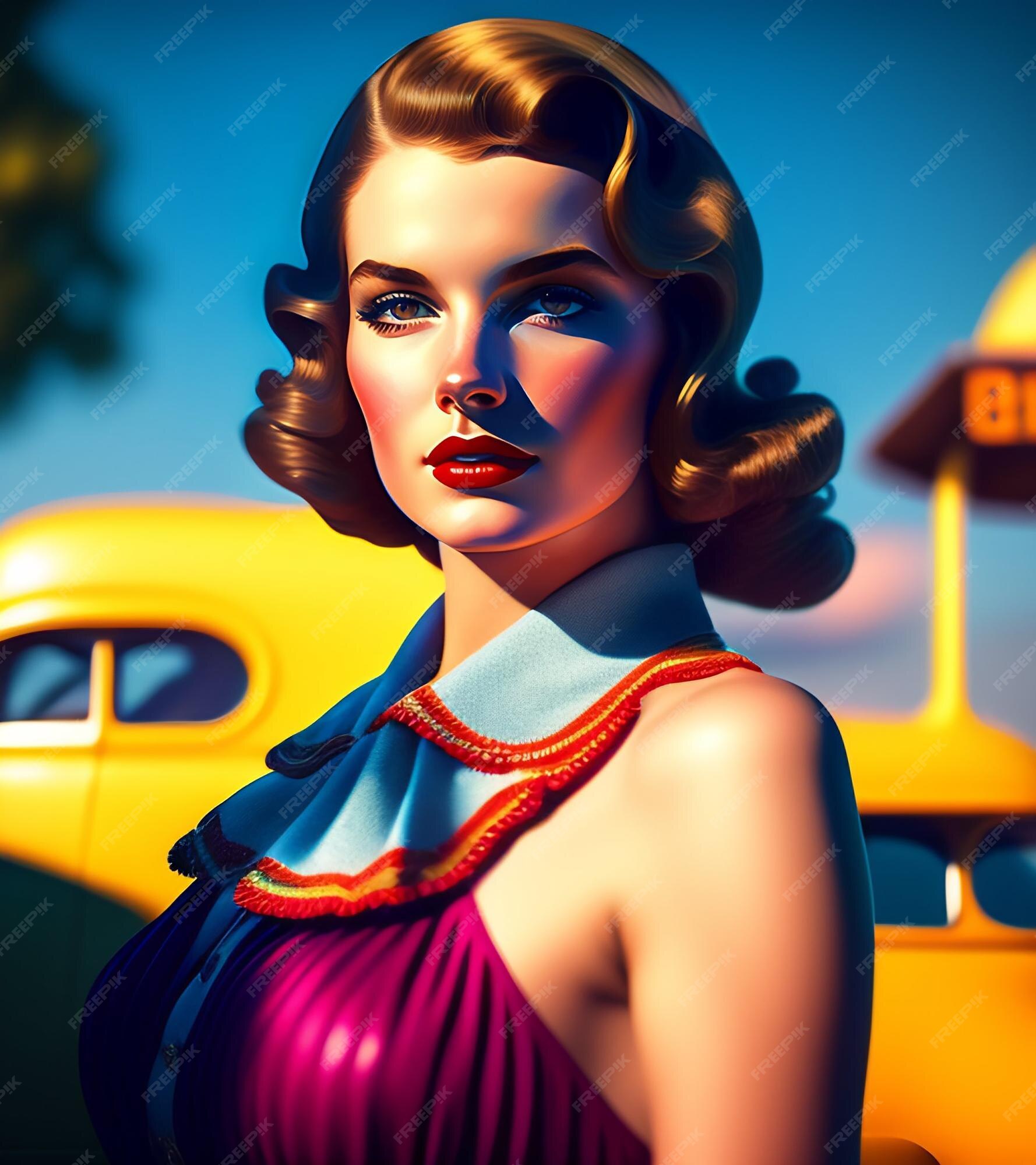 Premium AI Image A Woman With A Red Dress And A Yellow Car In The premium-ai-image-a-woman-with-a-red-dress-and-a-yellow-car-in-the
