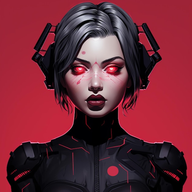 a woman with red eyes and black armor