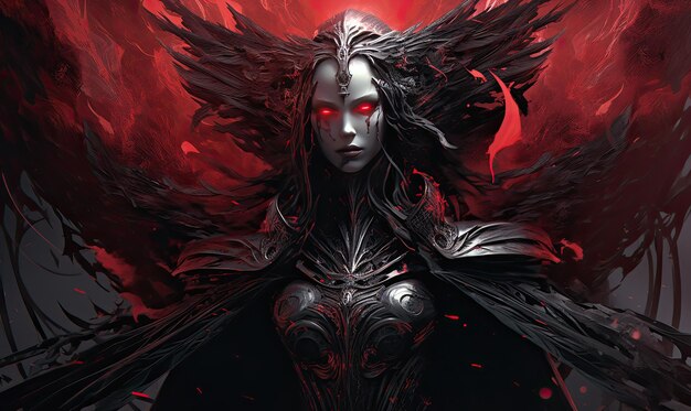 A woman with red eyes and black wings