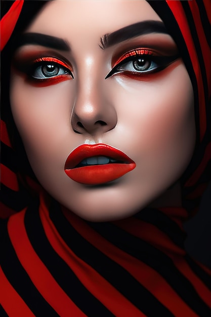 A woman with red eyes and red lipstick