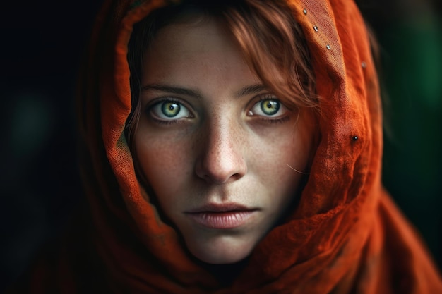 A woman with red eyes and a scarf