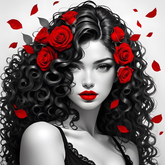 Foto una donna con un fiore rosso nei capelli e le parole rose rosse sul fondo