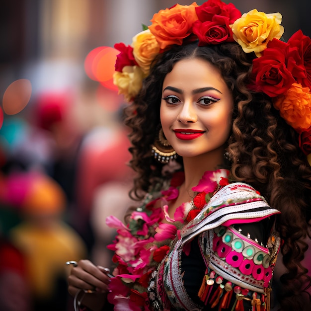 a woman with a red flower on her head is wearing a colorful dress with flowers on it.