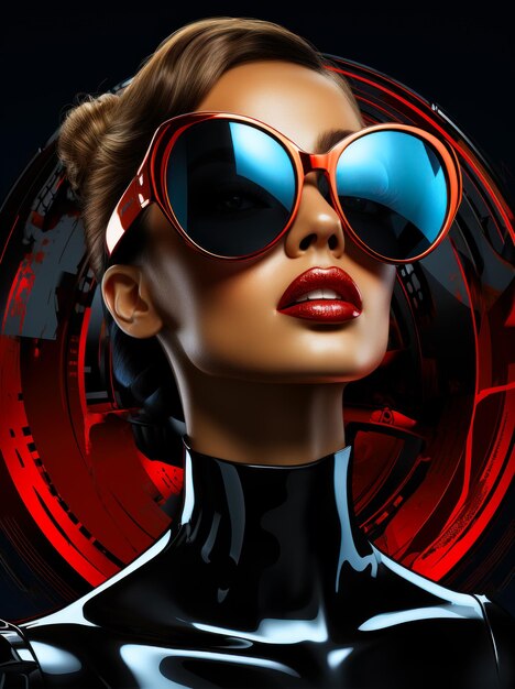 A woman with red glasses and a black body